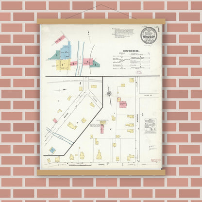 Old map wall art mockup — magnetic wood frame on brick wall — Sanborn Fire Insurance Map from Windsor, Broome County, New York (1912), Sheet #0001