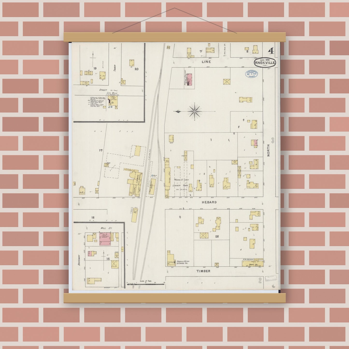 Old map wall art mockup — magnetic wood frame on brick wall — Sanborn Fire Insurance Map from Knoxville, Knox County, Illinois (1894), Sheet #0004