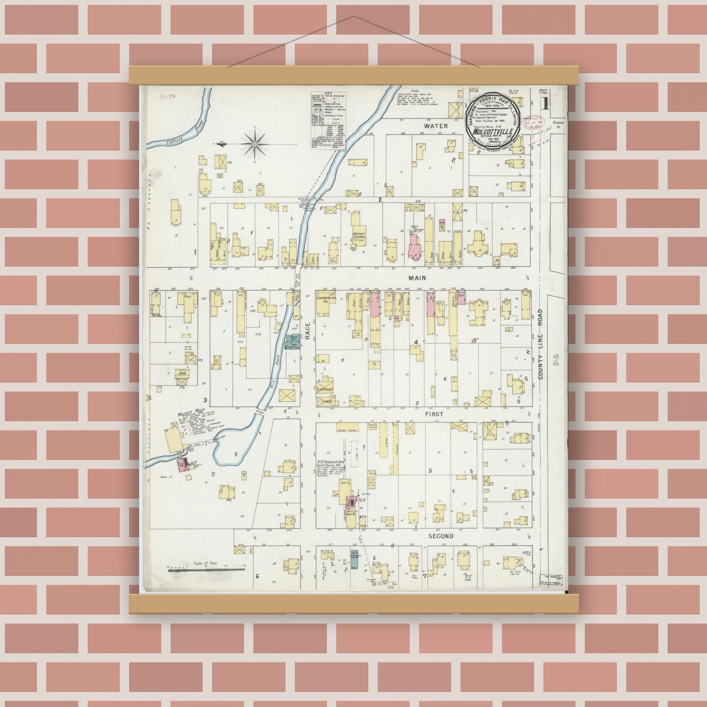Old map wall art mockup — magnetic wood frame on brick wall — Sanborn Fire Insurance Map from Wolcottville, Noble And LaGrange Counties, Indiana (1895) - Complete Map Set