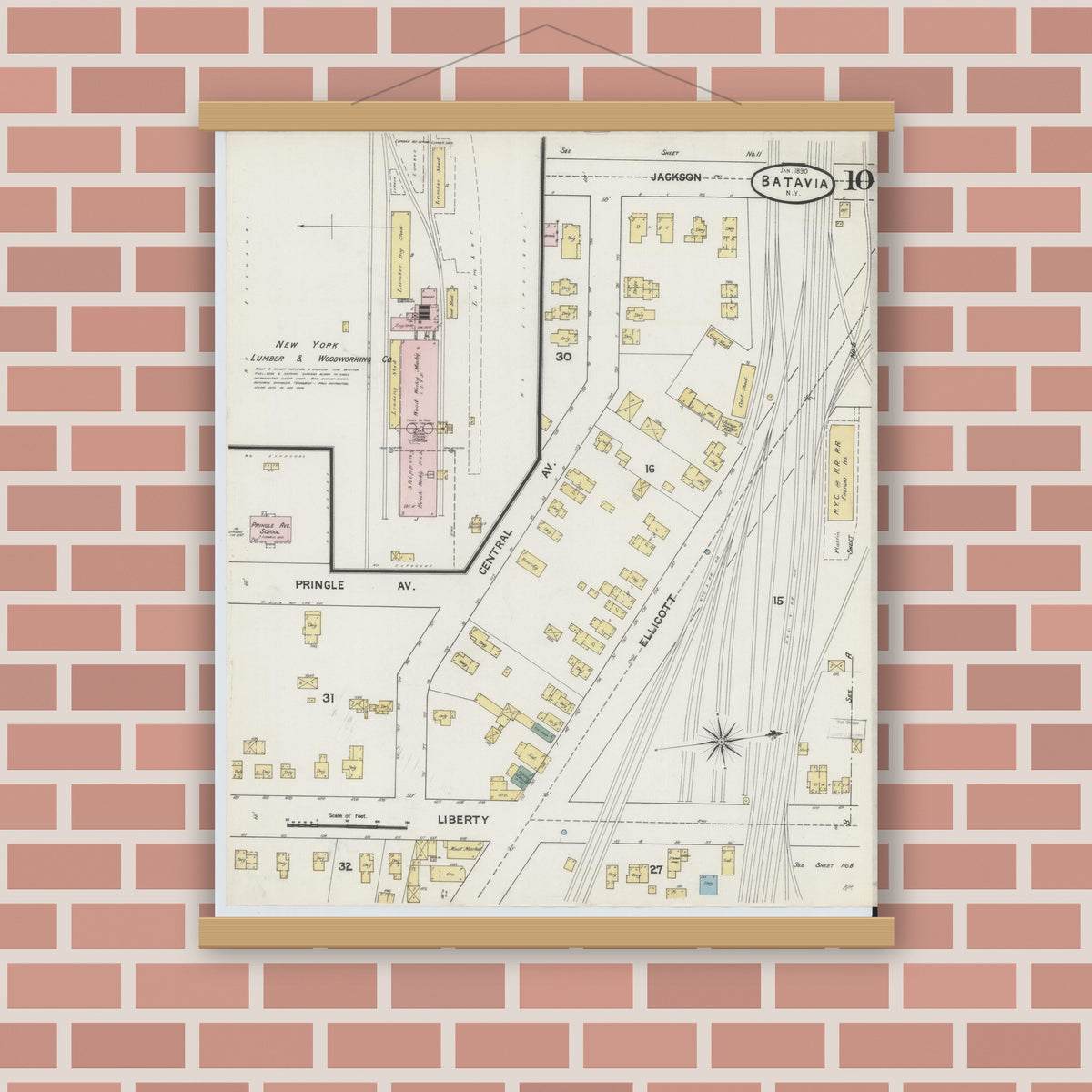Old map wall art mockup — magnetic wood frame on brick wall — Sanborn Fire Insurance Map from Batavia, Genesee County, New York (1890), Sheet #0010