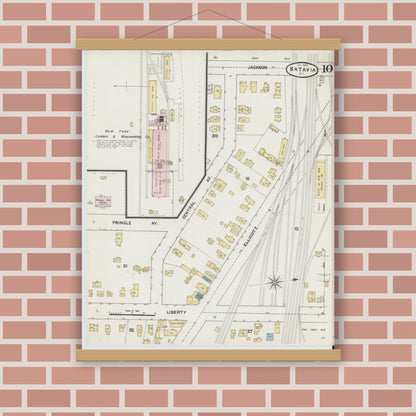 Old map wall art mockup — magnetic wood frame on brick wall — Sanborn Fire Insurance Map from Batavia, Genesee County, New York (1890), Sheet #0010