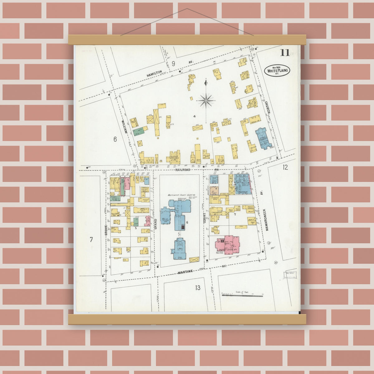 Old map wall art mockup — magnetic wood frame on brick wall — Sanborn Fire Insurance Map from White Plains, Westchester County, New York (1900), Sheet #0011