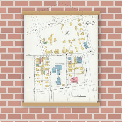 Old map wall art mockup — magnetic wood frame on brick wall — Sanborn Fire Insurance Map from White Plains, Westchester County, New York (1900), Sheet #0011