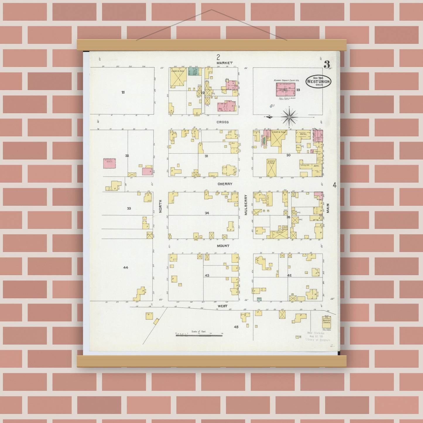 Old map wall art mockup — magnetic wood frame on brick wall — Sanborn Fire Insurance Map from West Union, Adams County, Ohio (1904), Sheet #0003