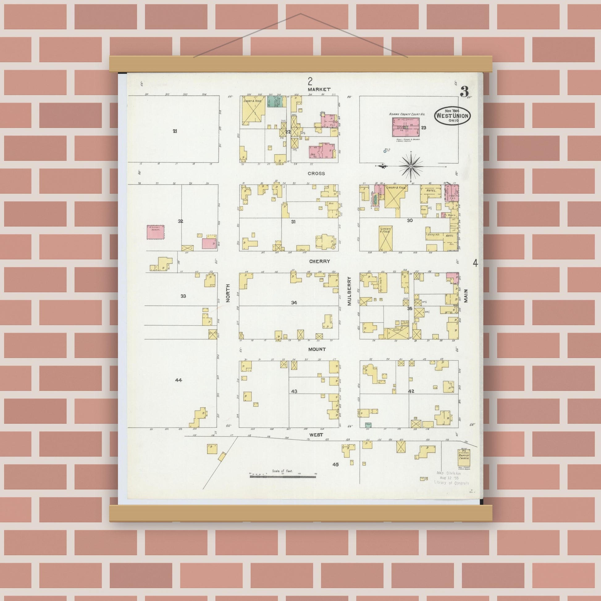 Old map wall art mockup — magnetic wood frame on brick wall — Sanborn Fire Insurance Map from West Union, Adams County, Ohio (1904), Sheet #0003