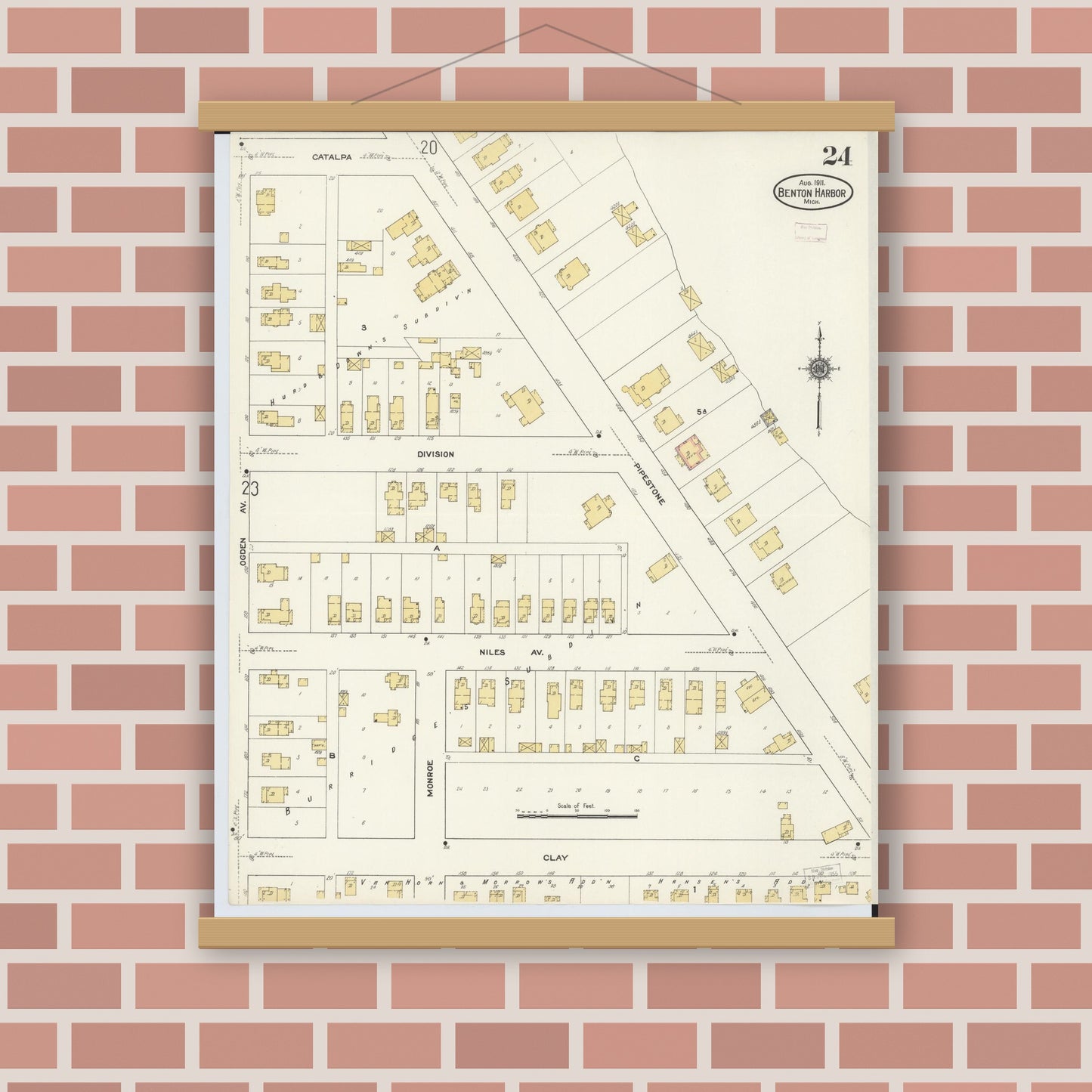 Old map wall art mockup — magnetic wood frame on brick wall — Sanborn Fire Insurance Map from Benton Harbor, Berrien County, Michigan (1911), Sheet #0024