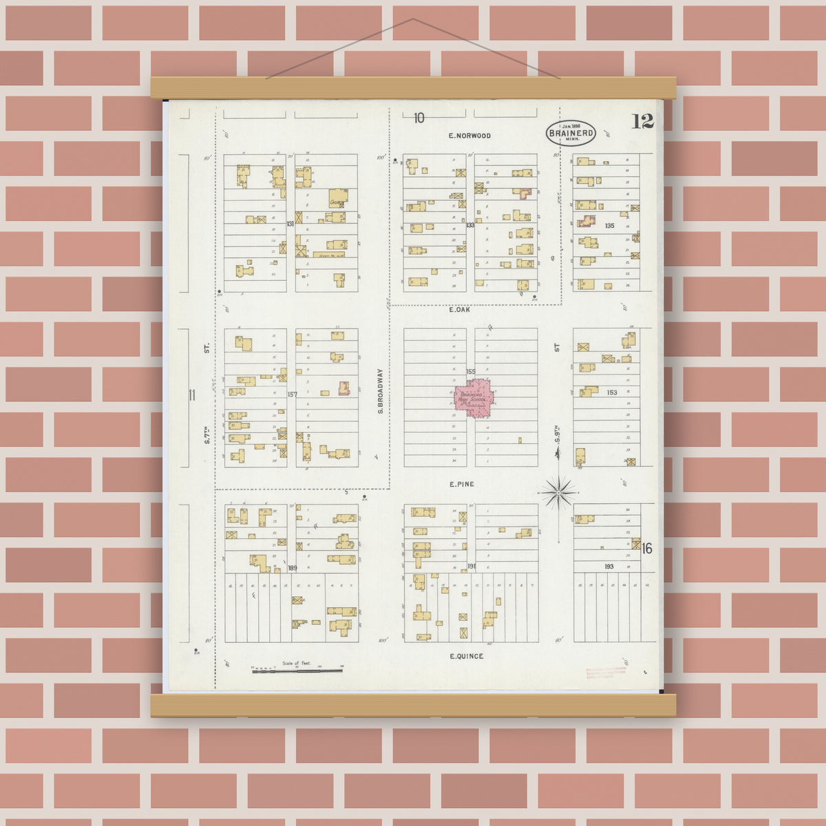 Old map wall art mockup — magnetic wood frame on brick wall — Sanborn Fire Insurance Map from Brainerd, Crow Wing County, Minnesota (1898), Sheet #0012