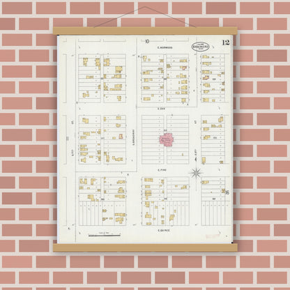 Old map wall art mockup — magnetic wood frame on brick wall — Sanborn Fire Insurance Map from Brainerd, Crow Wing County, Minnesota (1898), Sheet #0012