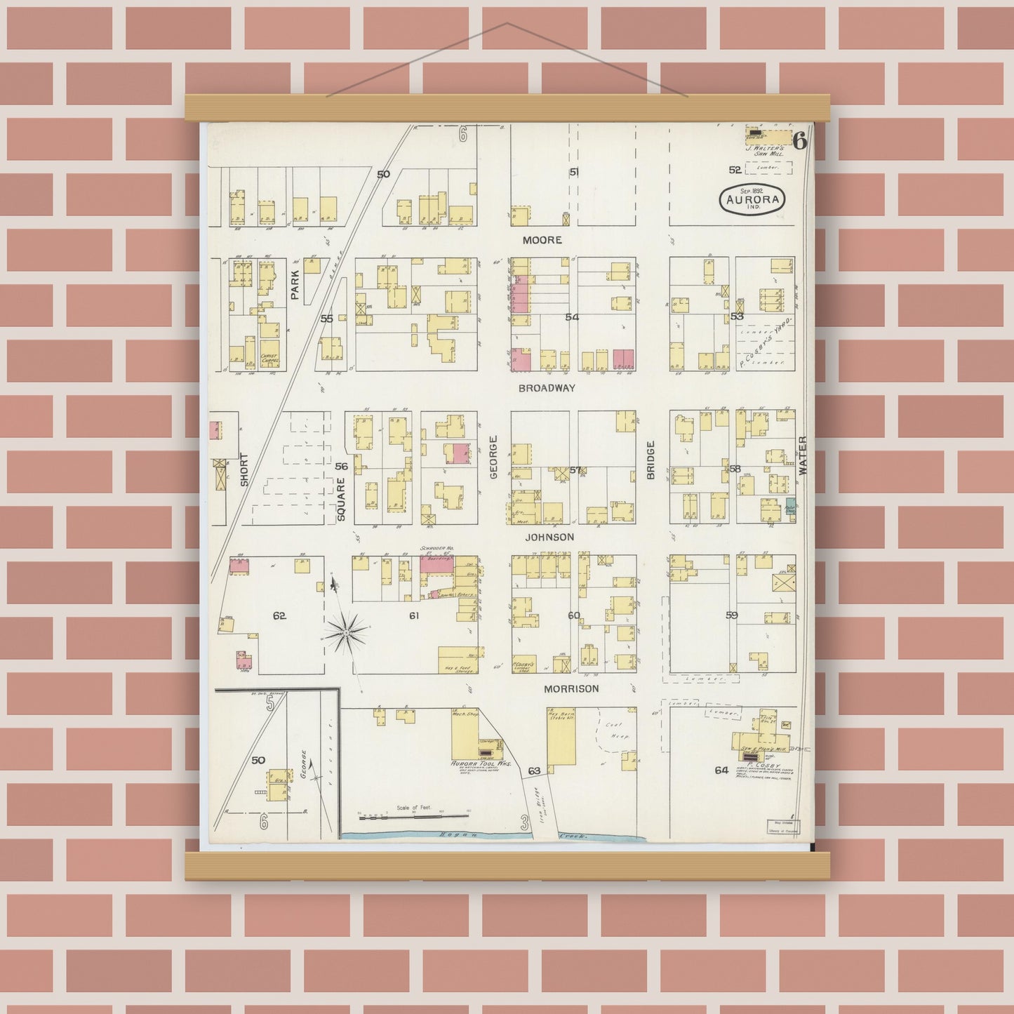 Old map wall art mockup — magnetic wood frame on brick wall — Sanborn Fire Insurance Map from Aurora, Dearborn County, Indiana (1892), Sheet #0006