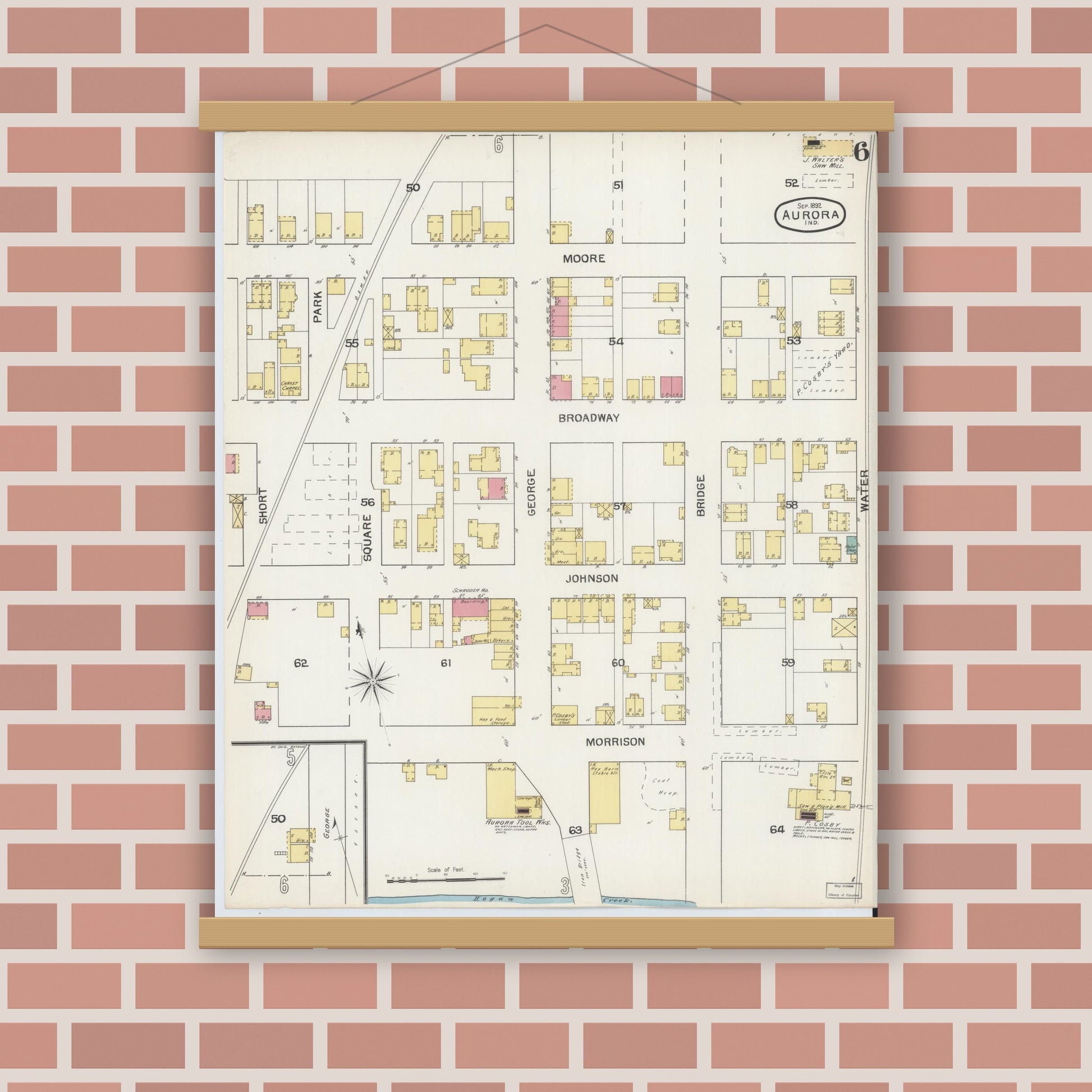Old map wall art mockup — magnetic wood frame on brick wall — Sanborn Fire Insurance Map from Aurora, Dearborn County, Indiana (1892), Sheet #0006