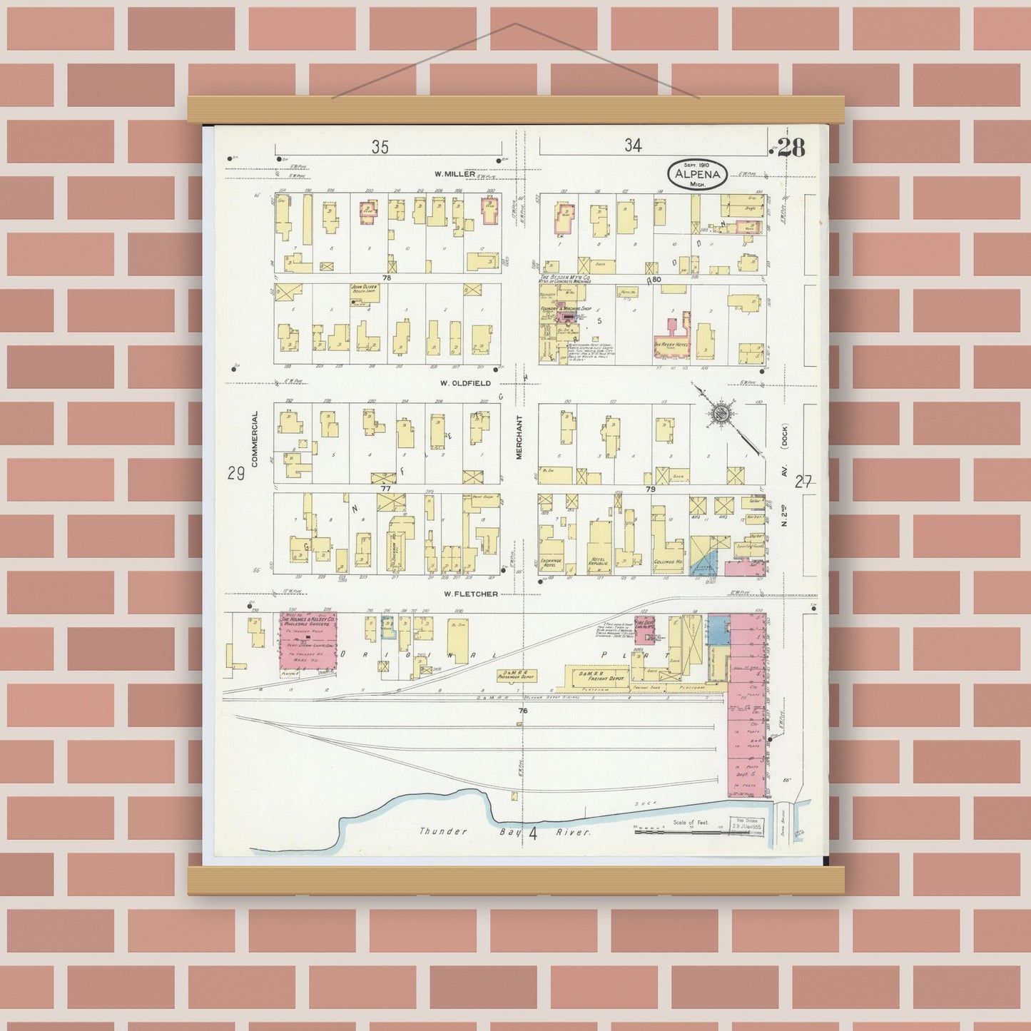 Old map wall art mockup — magnetic wood frame on brick wall — Sanborn Fire Insurance Map from Alpena, Alpena County, Michigan (1910), Sheet #0028