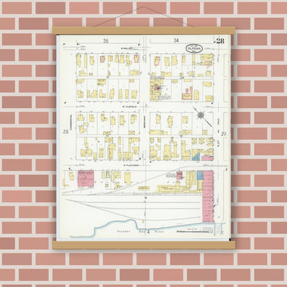 Old map wall art mockup — magnetic wood frame on brick wall — Sanborn Fire Insurance Map from Alpena, Alpena County, Michigan (1910), Sheet #0028