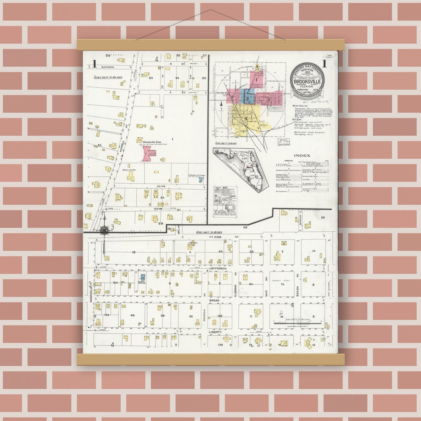 Old map wall art mockup — magnetic wood frame on brick wall — Sanborn Fire Insurance Map from Brooksville, Hernando County, Florida (1924), Sheet #0001
