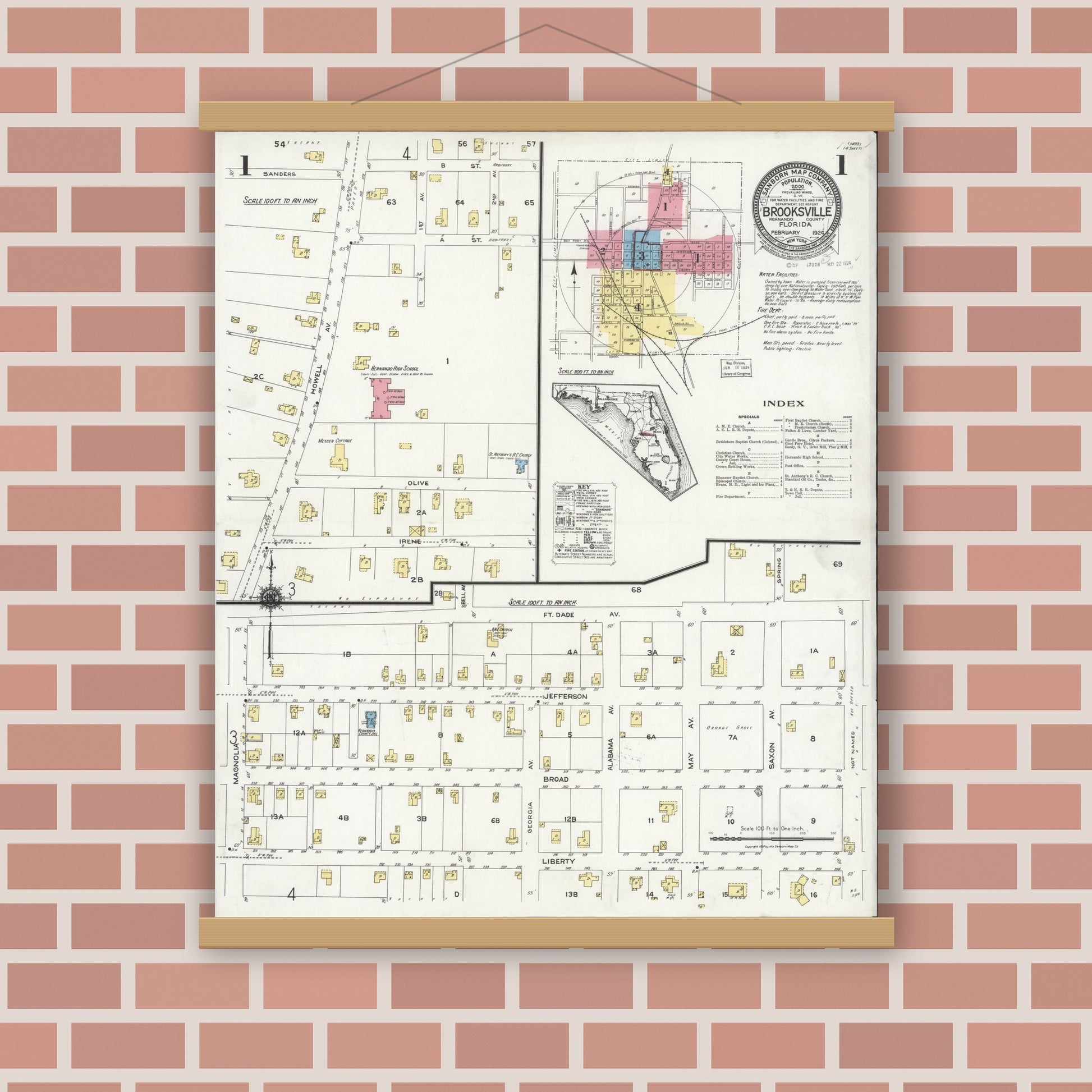 Old map wall art mockup — magnetic wood frame on brick wall — Sanborn Fire Insurance Map from Brooksville, Hernando County, Florida (1924), Sheet #0001