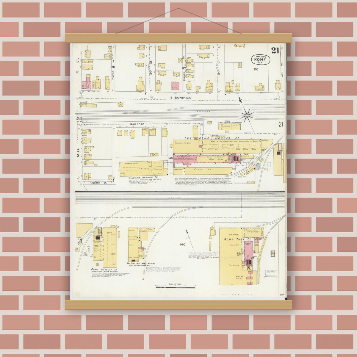 Old map wall art mockup — magnetic wood frame on brick wall — Sanborn Fire Insurance Map from Rome, Oneida County, New York (1904), Sheet #0021