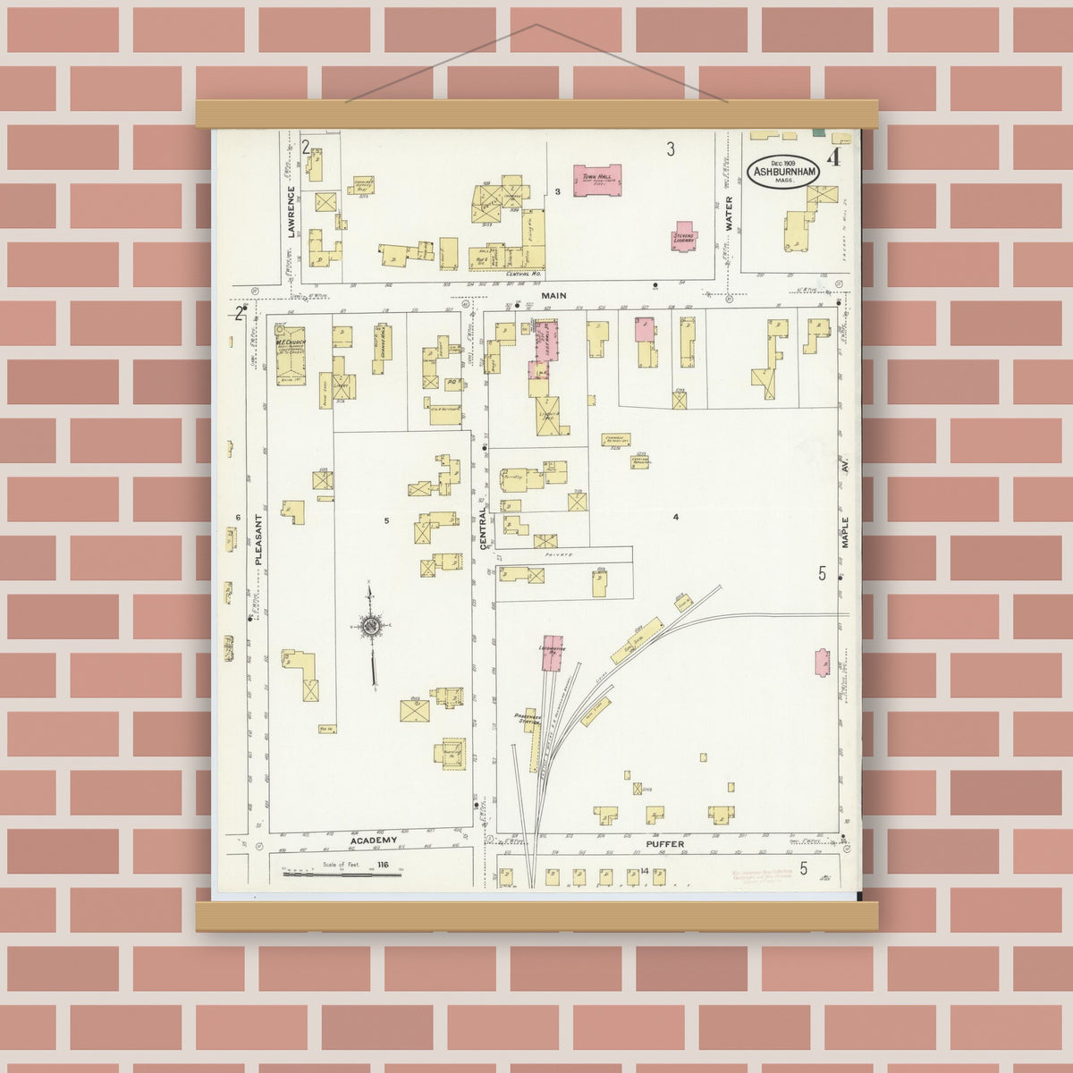 Old map wall art mockup — magnetic wood frame on brick wall — Sanborn Fire Insurance Map from Ashburnham, Worcester County, Massachusetts (1909), Sheet #0004