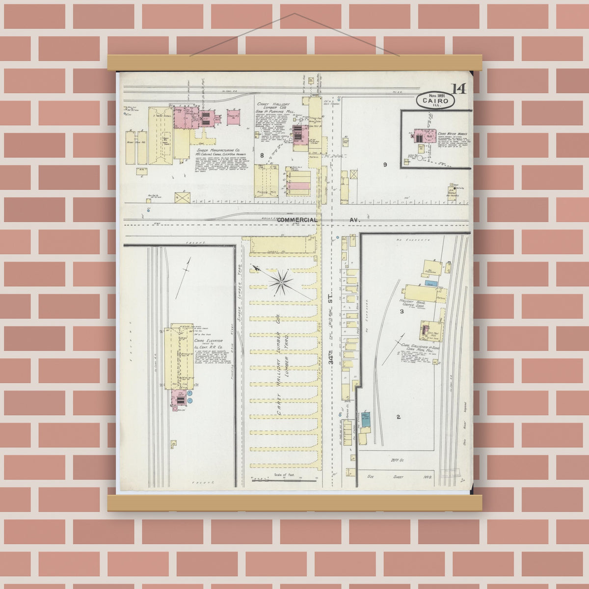 Old map wall art mockup — magnetic wood frame on brick wall — Sanborn Fire Insurance Map from Cairo, Alexander County, Illinois (1891), Sheet #0014