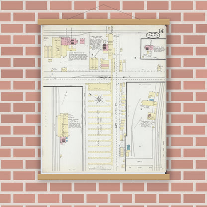 Old map wall art mockup — magnetic wood frame on brick wall — Sanborn Fire Insurance Map from Cairo, Alexander County, Illinois (1891), Sheet #0014