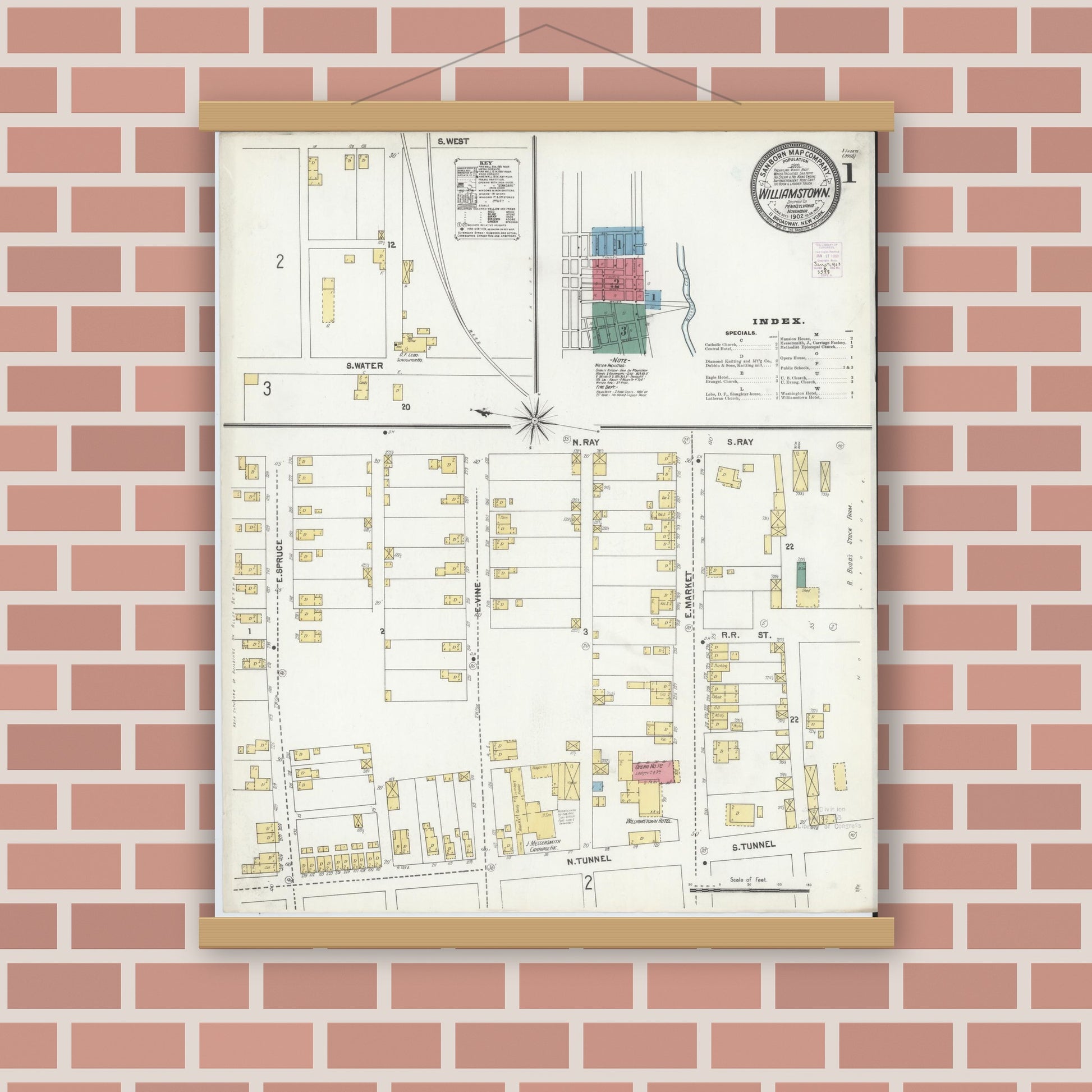 Old map wall art mockup — magnetic wood frame on brick wall — Sanborn Fire Insurance Map from Williamstown, Dauphin County, Pennsylvania (1902) - Complete Map Set