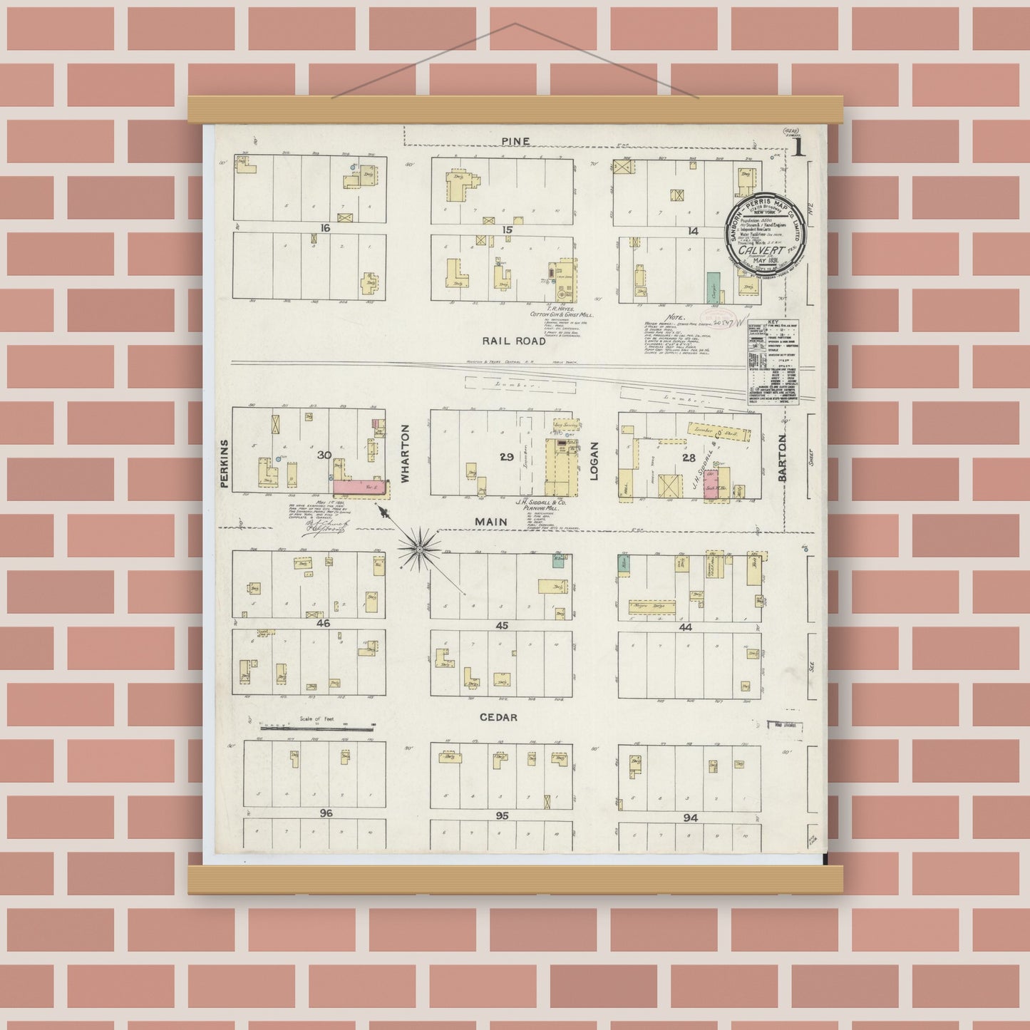 Old map wall art mockup — magnetic wood frame on brick wall — Sanborn Fire Insurance Map from Calvert, Robertson County, Texas (1891) - Complete Map Set