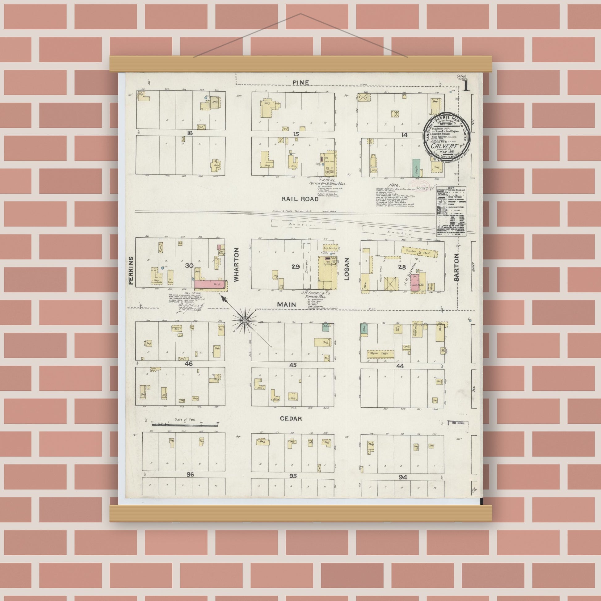 Old map wall art mockup — magnetic wood frame on brick wall — Sanborn Fire Insurance Map from Calvert, Robertson County, Texas (1891) - Complete Map Set