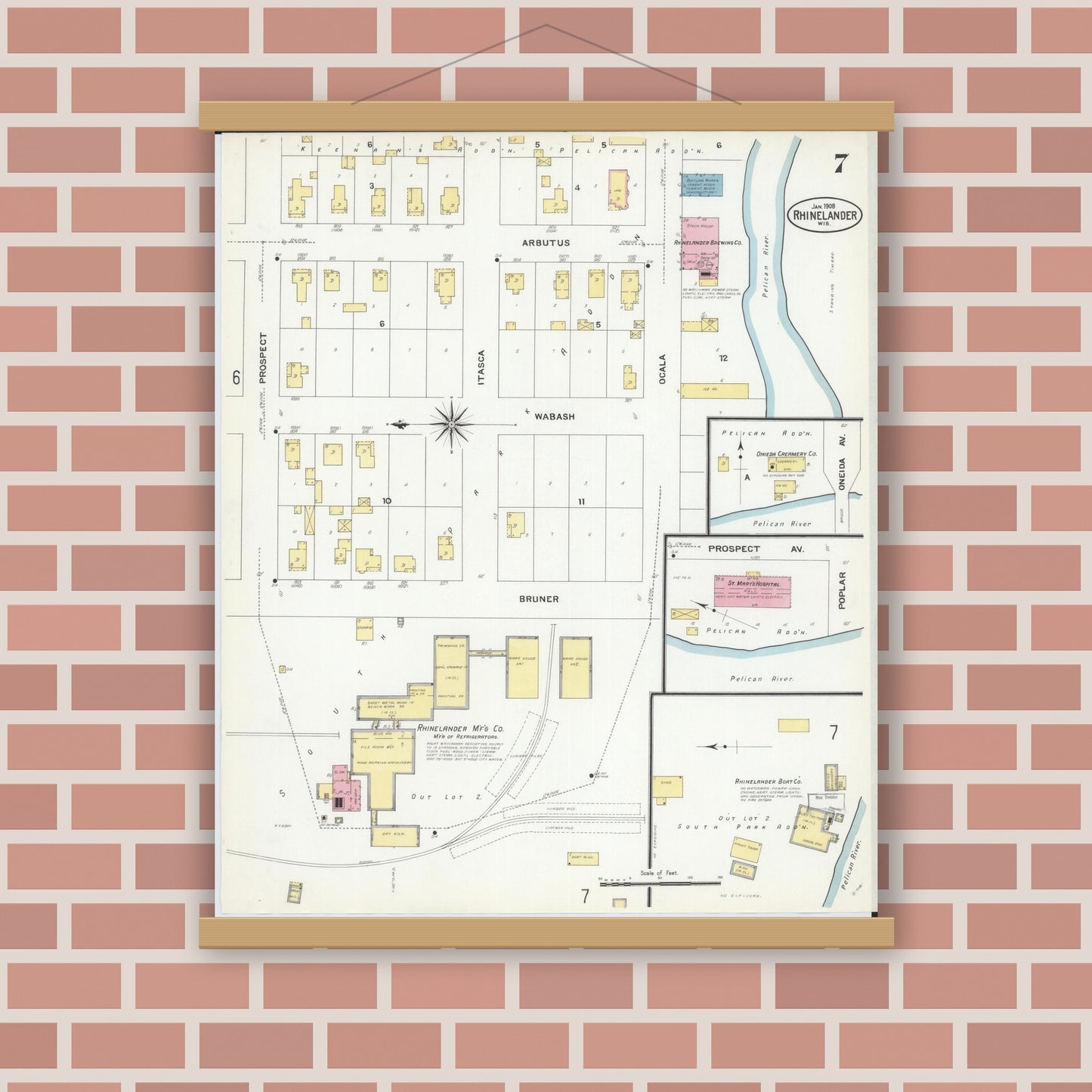 Old map wall art mockup — magnetic wood frame on brick wall — Sanborn Fire Insurance Map from Rhinelander, Oneida County, Wisconsin (1908), Sheet #0007