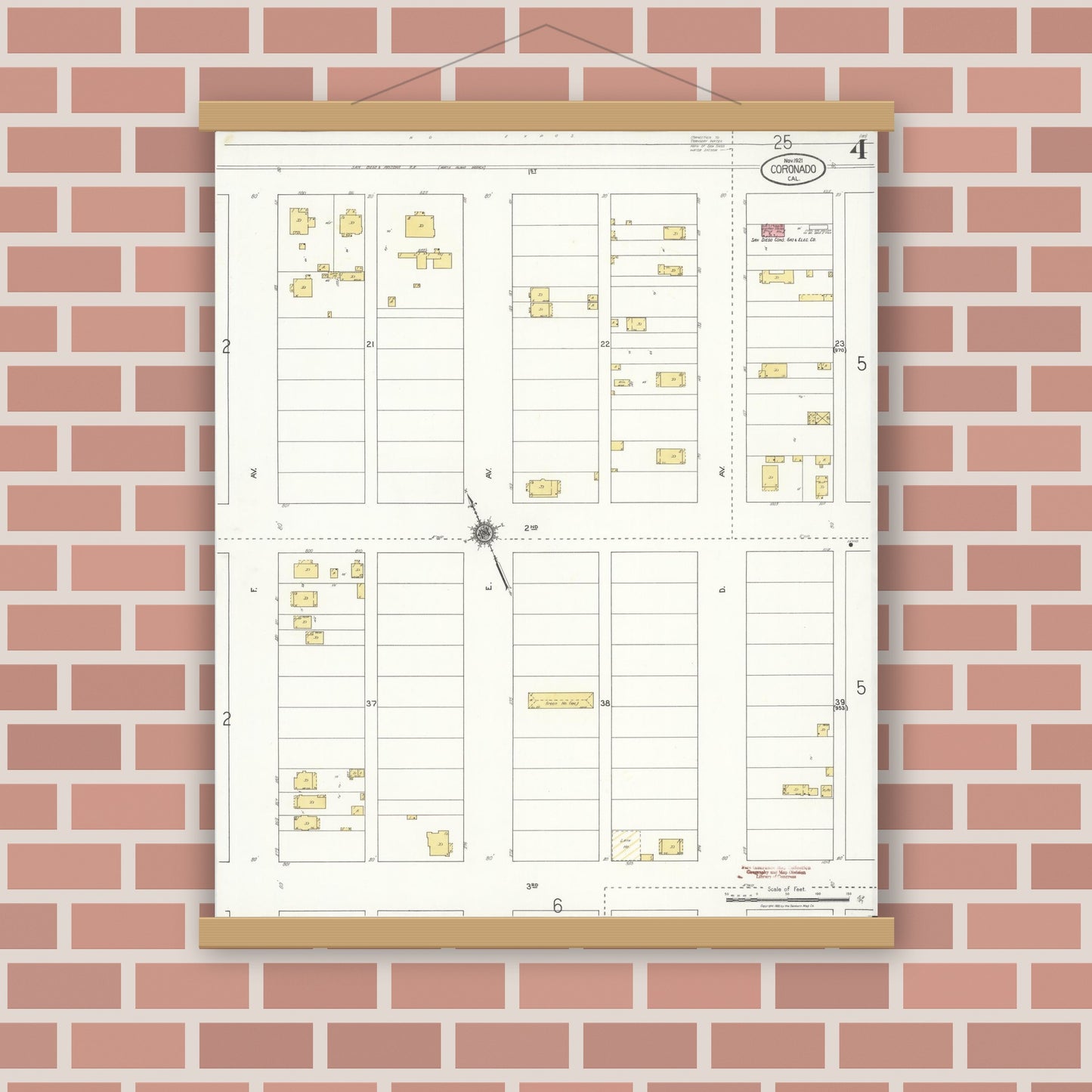 Old map wall art mockup — magnetic wood frame on brick wall — Sanborn Fire Insurance Map from Coronado, San Diego County, California (1921), Sheet #0004