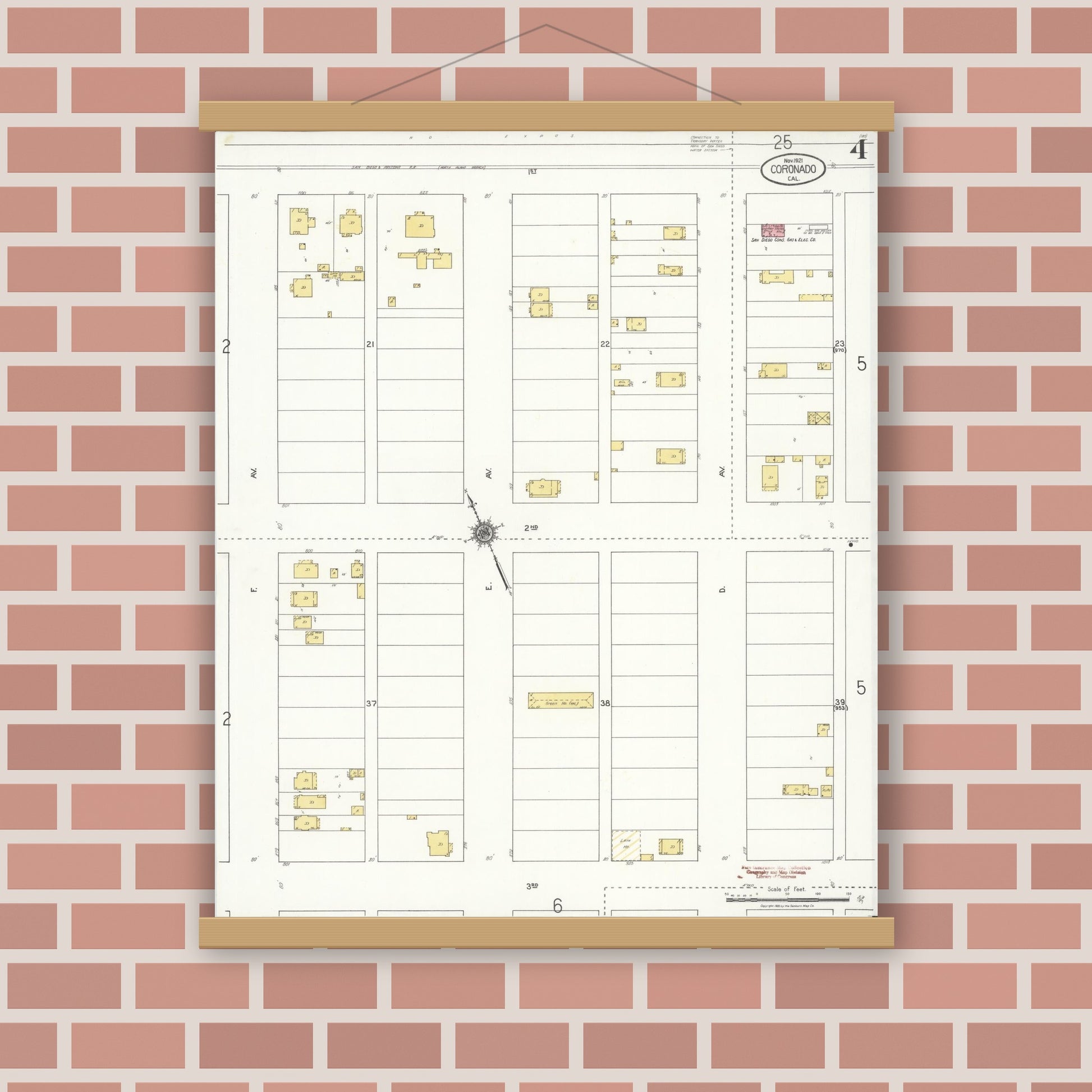 Old map wall art mockup — magnetic wood frame on brick wall — Sanborn Fire Insurance Map from Coronado, San Diego County, California (1921), Sheet #0004