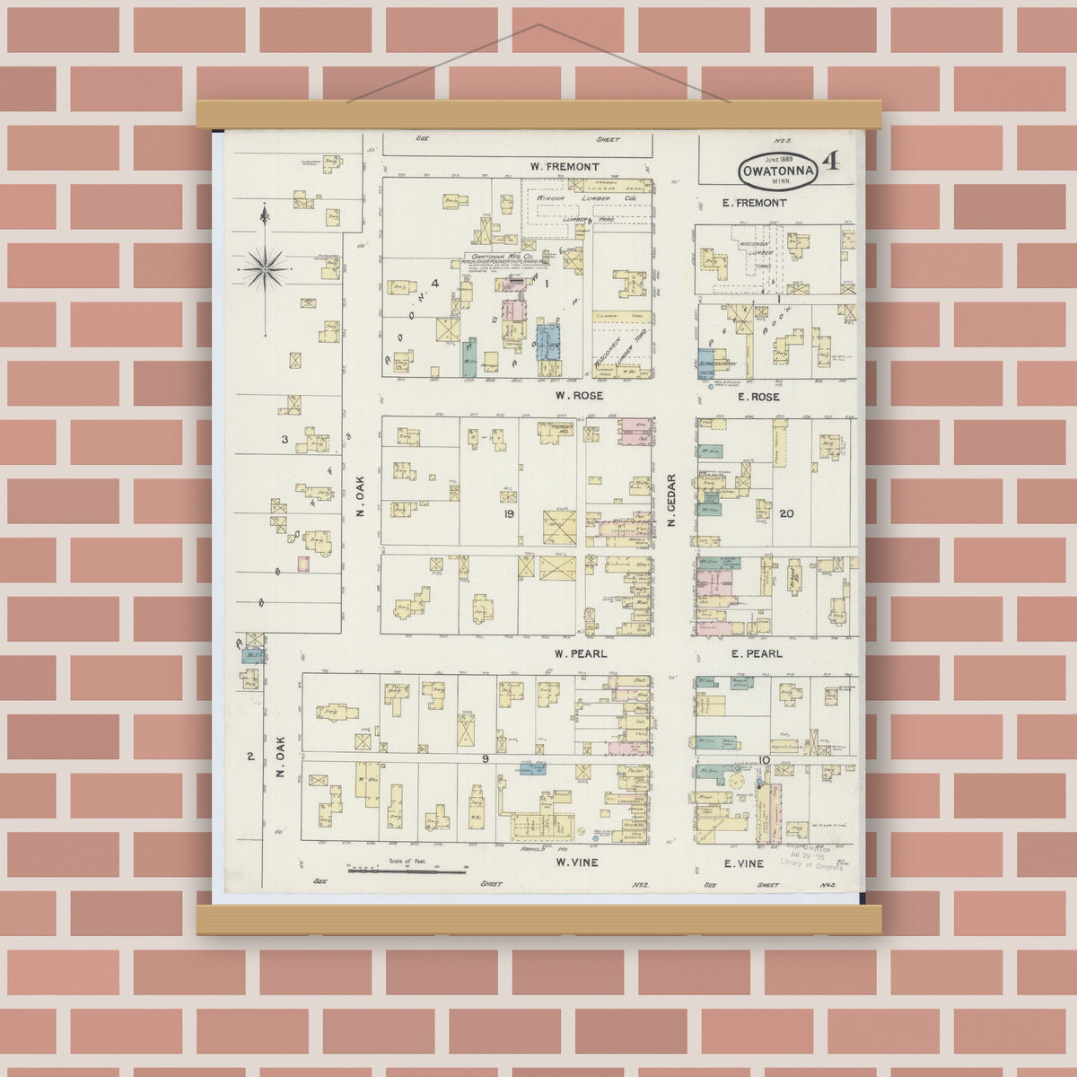 Old map wall art mockup — magnetic wood frame on brick wall — Sanborn Fire Insurance Map from Owatonna, Steele County, Minnesota (1889), Sheet #0004