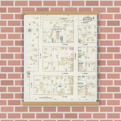 Old map wall art mockup — magnetic wood frame on brick wall — Sanborn Fire Insurance Map from Owatonna, Steele County, Minnesota (1889), Sheet #0004