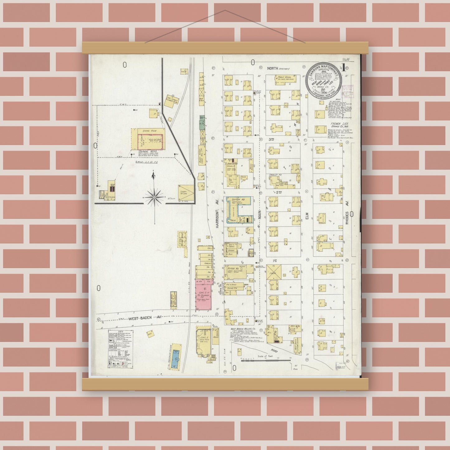 Old map wall art mockup — magnetic wood frame on brick wall — Sanborn Fire Insurance Map from West Baden, Orange County, Indiana (1906) - Complete Map Set
