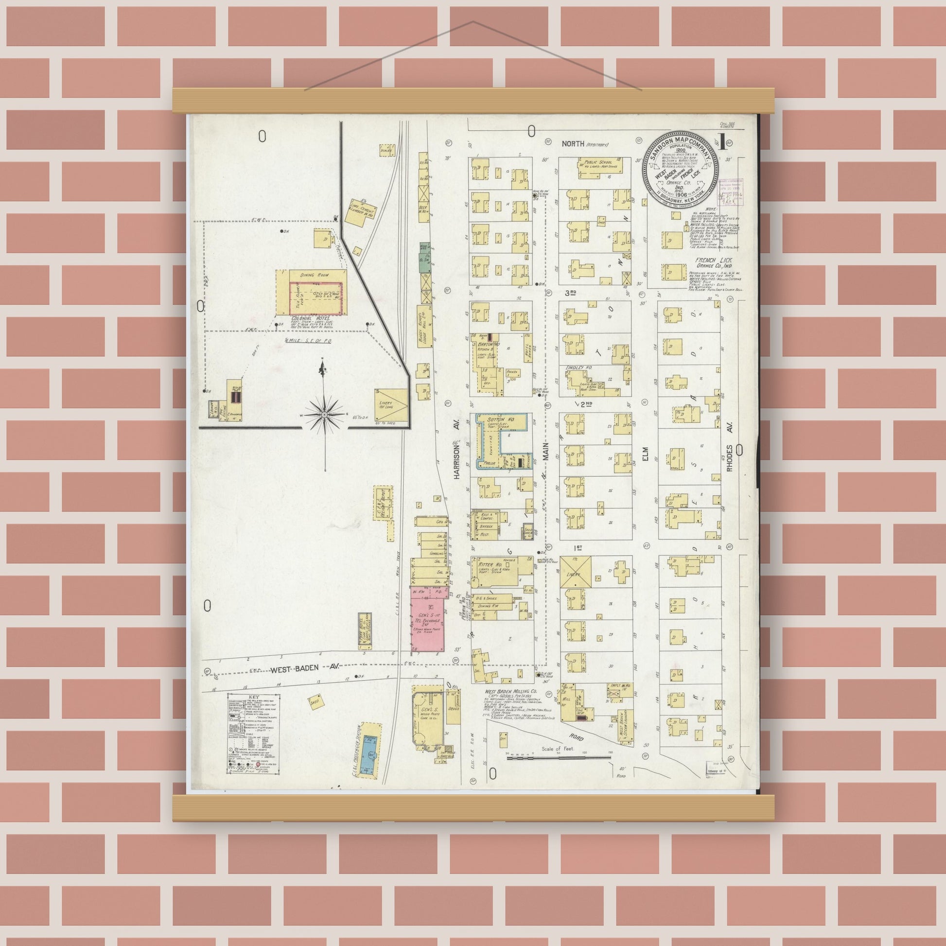 Old map wall art mockup — magnetic wood frame on brick wall — Sanborn Fire Insurance Map from West Baden, Orange County, Indiana (1906) - Complete Map Set