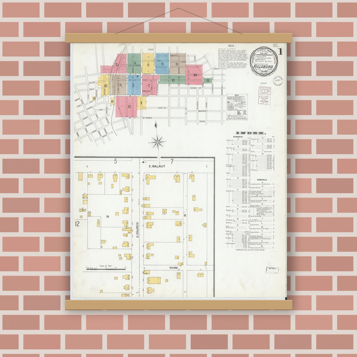 Old map wall art mockup — magnetic wood frame on brick wall — Sanborn Fire Insurance Map from Hillsboro, Hill County, Texas (1900), Sheet #0001