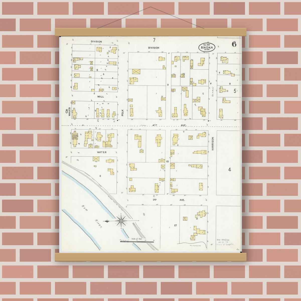 Old map wall art mockup — magnetic wood frame on brick wall — Sanborn Fire Insurance Map from Anoka, Anoka County, Minnesota (1904), Sheet #0006