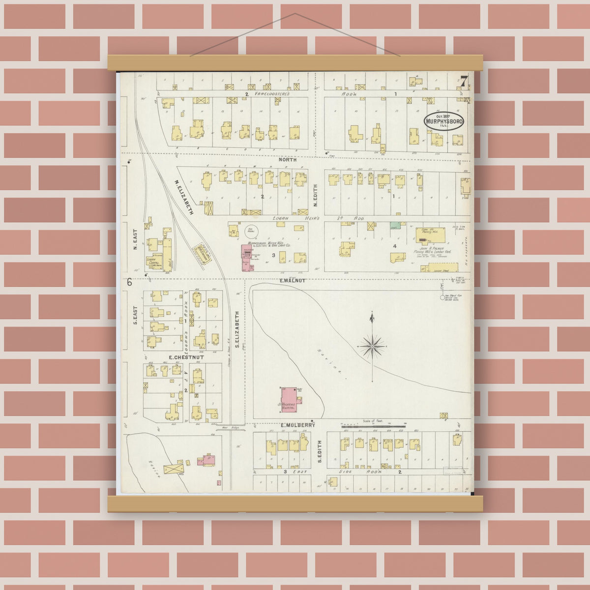 Old map wall art mockup — magnetic wood frame on brick wall — Sanborn Fire Insurance Map from Murphysboro, Jackson County, Illinois (1897), Sheet #0007