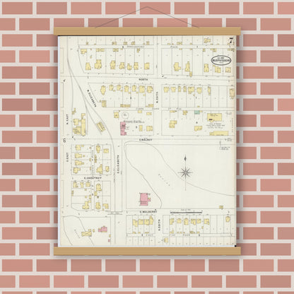 Old map wall art mockup — magnetic wood frame on brick wall — Sanborn Fire Insurance Map from Murphysboro, Jackson County, Illinois (1897), Sheet #0007