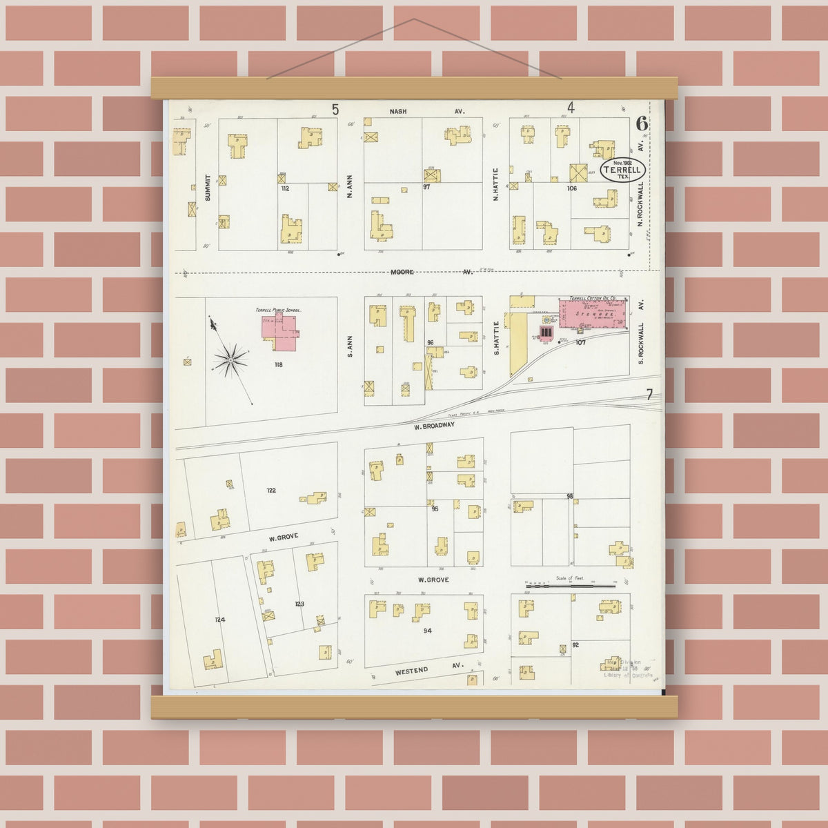 Old map wall art mockup — magnetic wood frame on brick wall — Sanborn Fire Insurance Map from Terrell, Kaufman County, Texas (1902), Sheet #0006