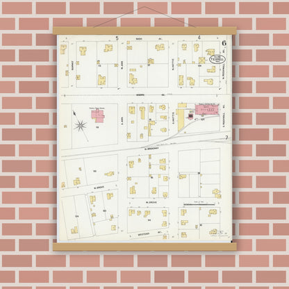 Old map wall art mockup — magnetic wood frame on brick wall — Sanborn Fire Insurance Map from Terrell, Kaufman County, Texas (1902), Sheet #0006