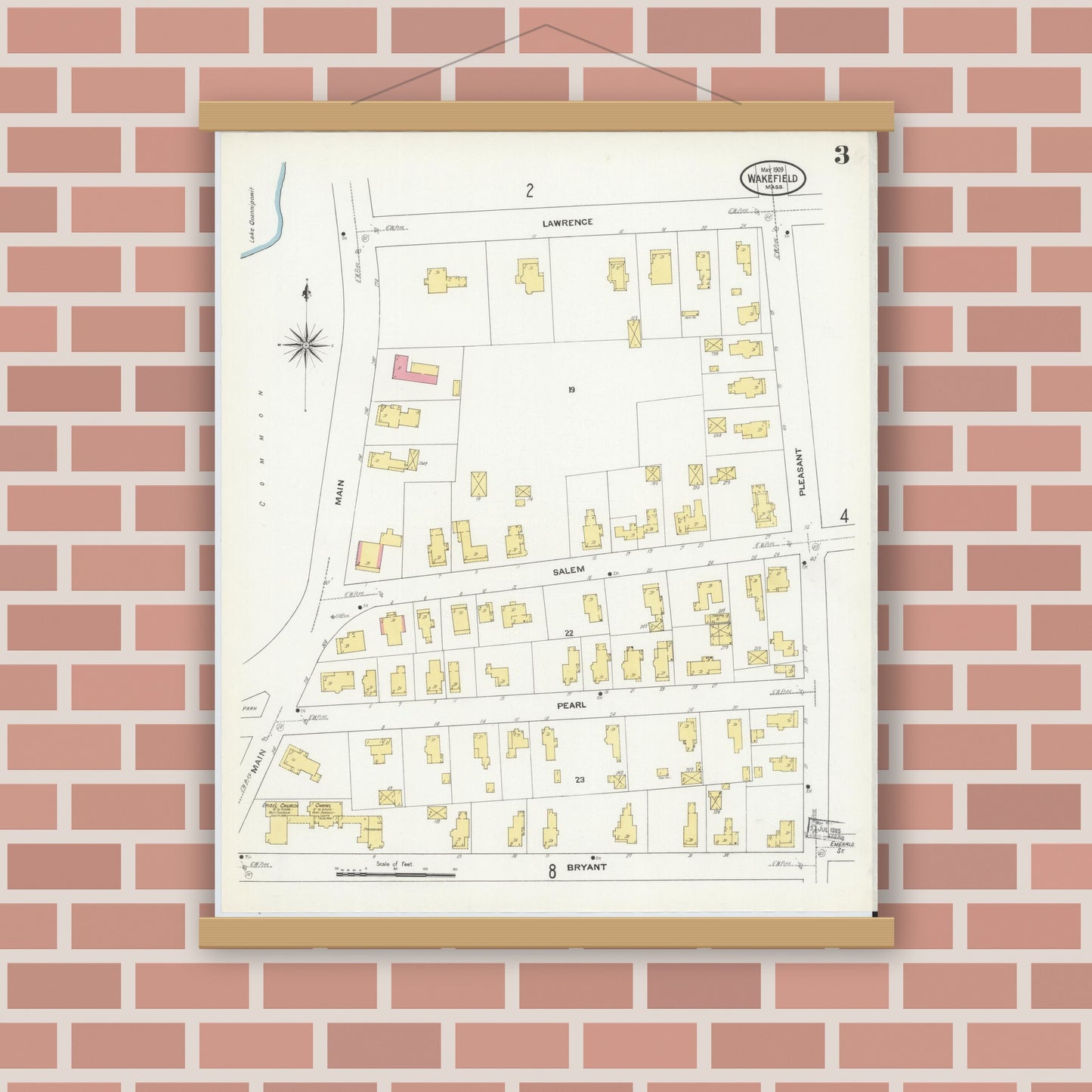 Old map wall art mockup — magnetic wood frame on brick wall — Sanborn Fire Insurance Map from Wakefield, Middlesex County, Massachusetts (1909), Sheet #0003