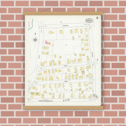 Old map wall art mockup — magnetic wood frame on brick wall — Sanborn Fire Insurance Map from Wakefield, Middlesex County, Massachusetts (1909), Sheet #0003