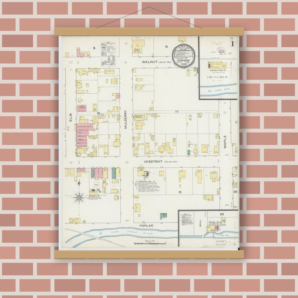 Old map wall art mockup — magnetic wood frame on brick wall — Sanborn Fire Insurance Map from Corydon, Harrison County, Indiana (1894), Sheet #0001