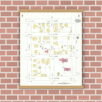 Old map wall art mockup — magnetic wood frame on brick wall — Sanborn Fire Insurance Map from Tarboro, Edgecombe County, North Carolina (1923), Sheet #0007