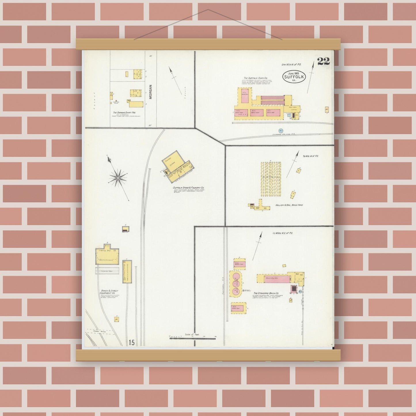Old map wall art mockup — magnetic wood frame on brick wall — Sanborn Fire Insurance Map from Suffolk, Independent Cities, Virginia (1903), Sheet #0022
