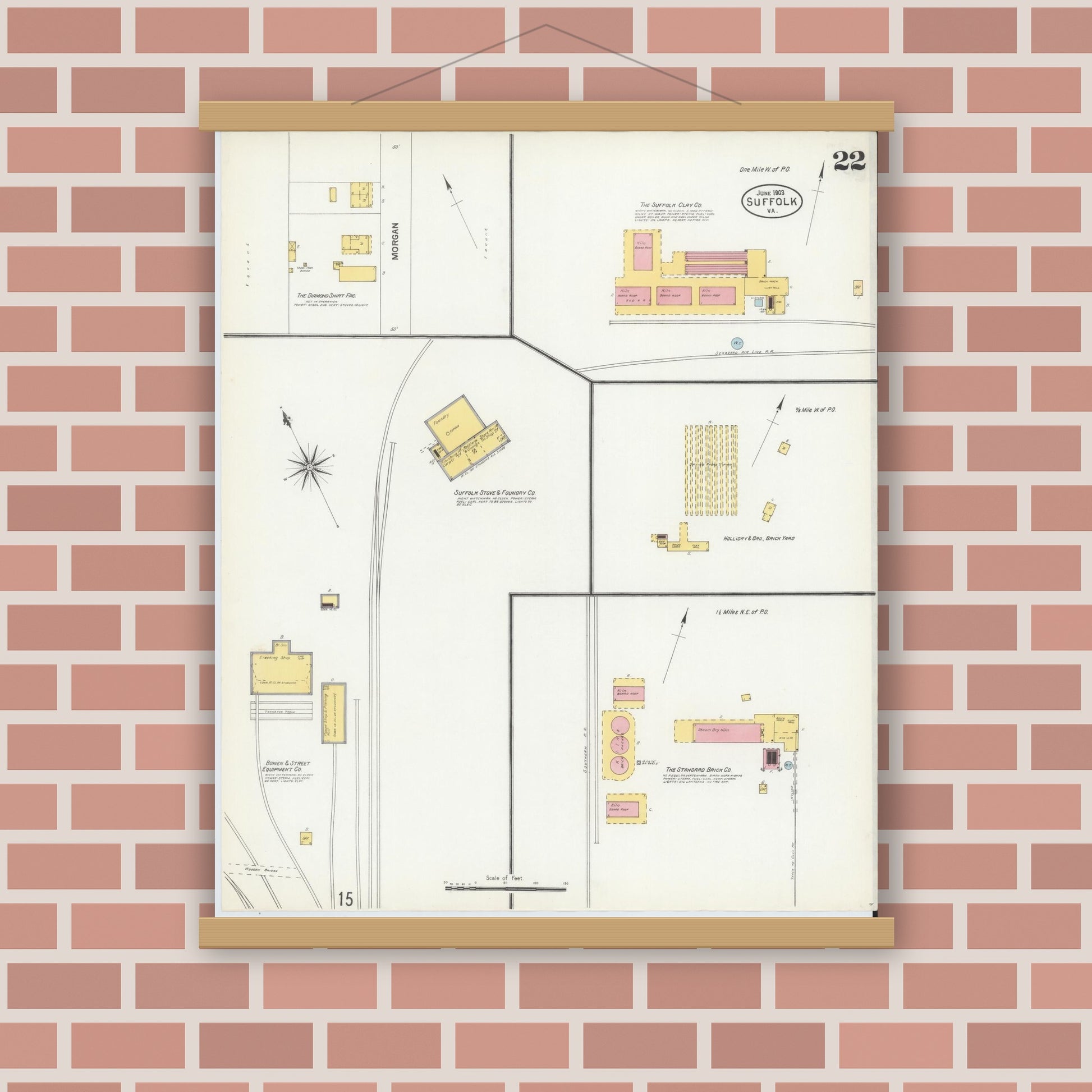 Old map wall art mockup — magnetic wood frame on brick wall — Sanborn Fire Insurance Map from Suffolk, Independent Cities, Virginia (1903), Sheet #0022