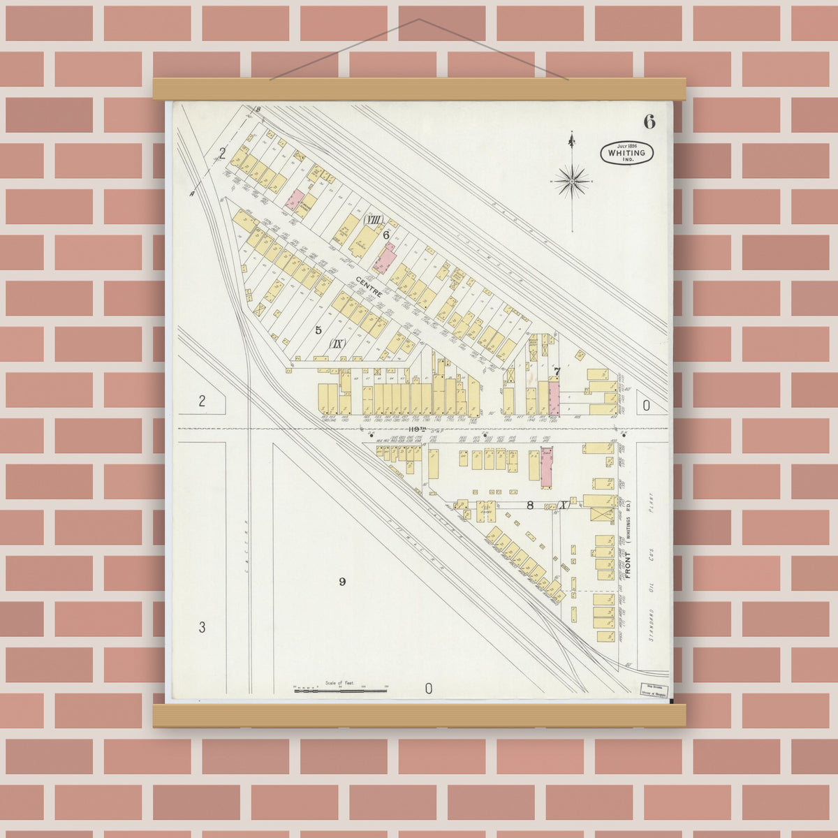 Old map wall art mockup — magnetic wood frame on brick wall — Sanborn Fire Insurance Map from Whiting, Lake County, Indiana (1896), Sheet #0006