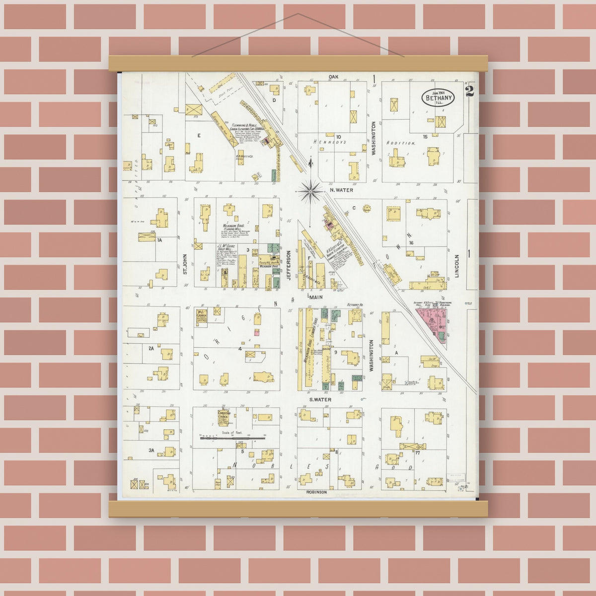 Old map wall art mockup — magnetic wood frame on brick wall — Sanborn Fire Insurance Map from Bethany, Moultrie County, Illinois (1901), Sheet #0002
