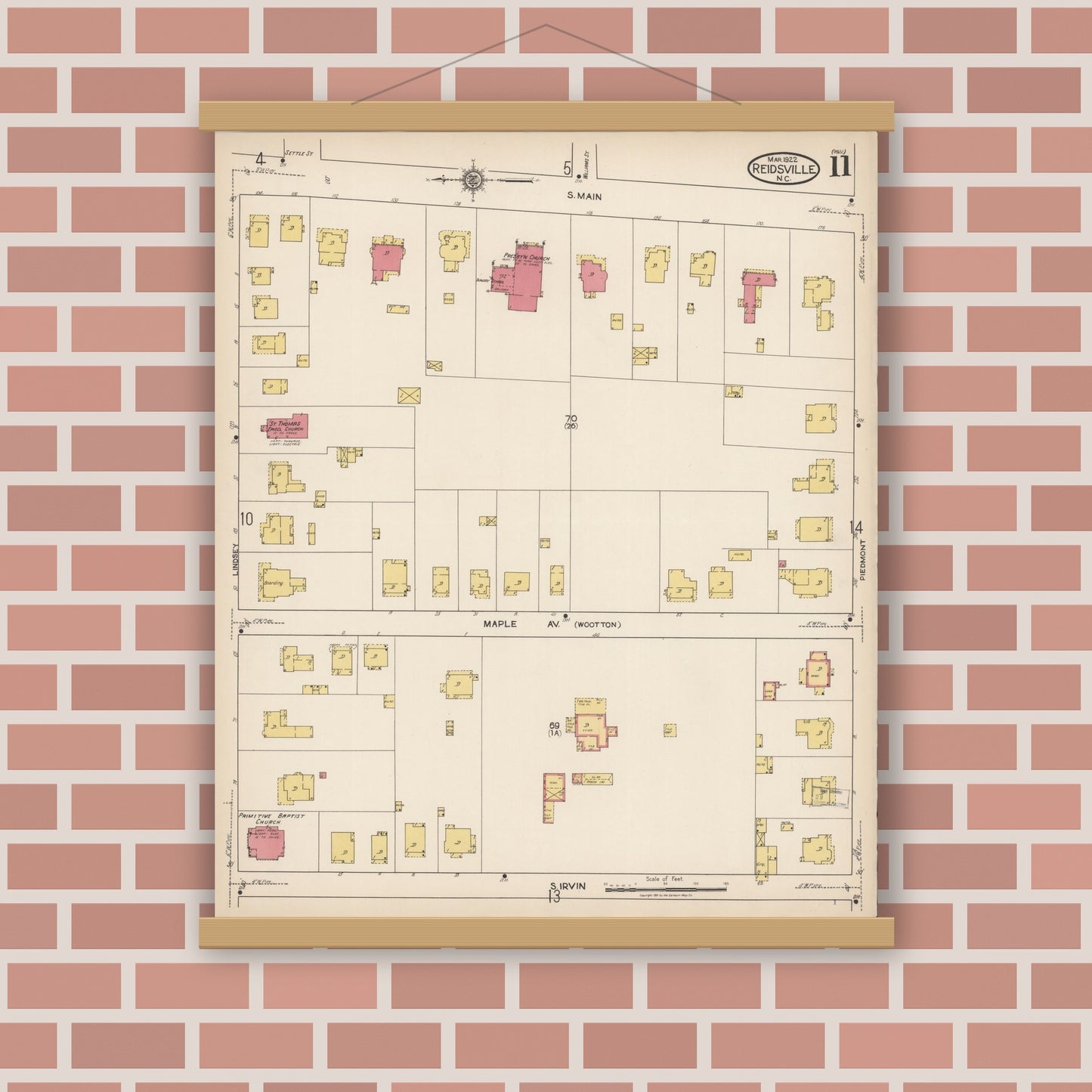 Old map wall art mockup — magnetic wood frame on brick wall — Sanborn Fire Insurance Map from Reidsville, Rockingham County, North Carolina (1922), Sheet #0011