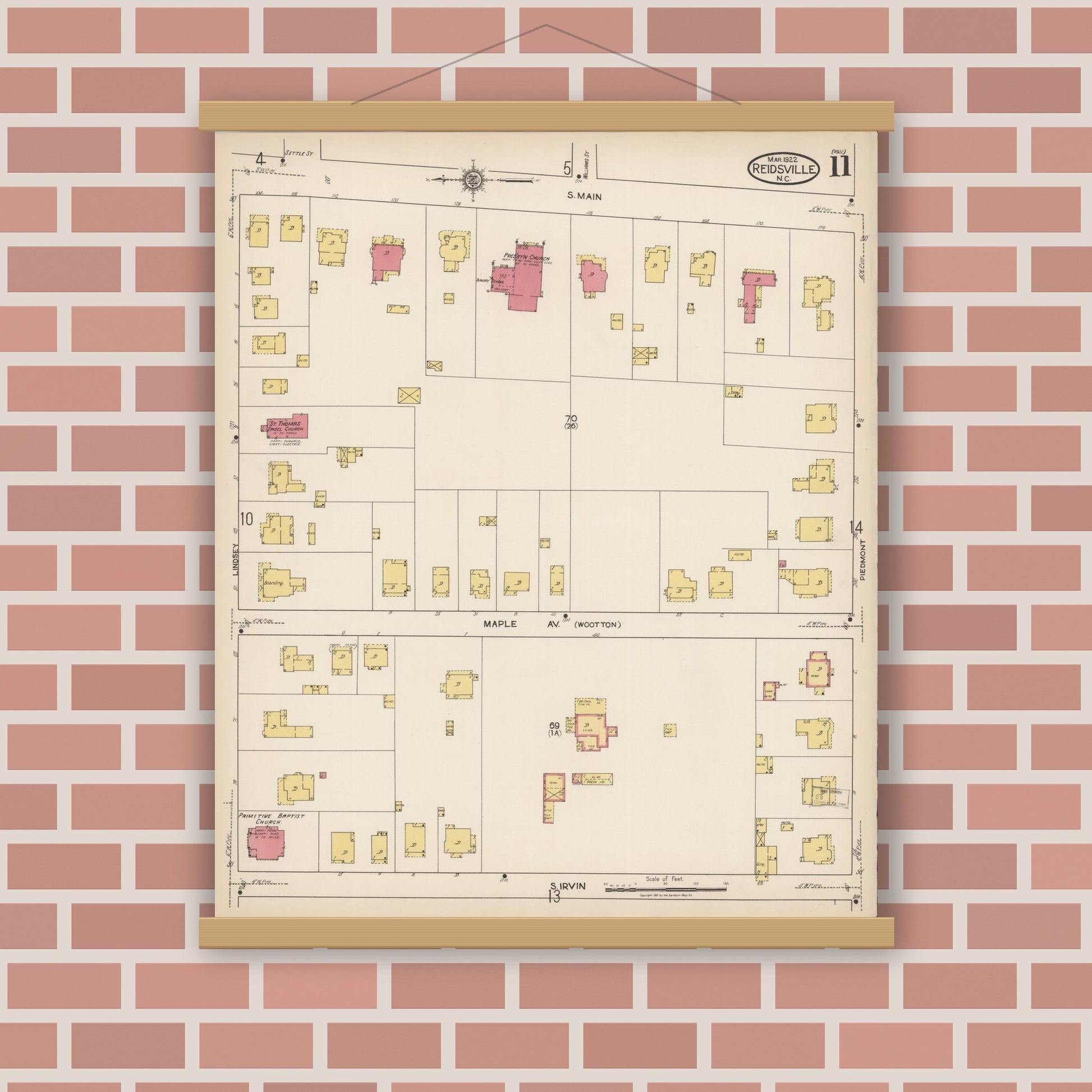Old map wall art mockup — magnetic wood frame on brick wall — Sanborn Fire Insurance Map from Reidsville, Rockingham County, North Carolina (1922), Sheet #0011