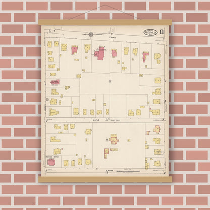 Old map wall art mockup — magnetic wood frame on brick wall — Sanborn Fire Insurance Map from Reidsville, Rockingham County, North Carolina (1922), Sheet #0011