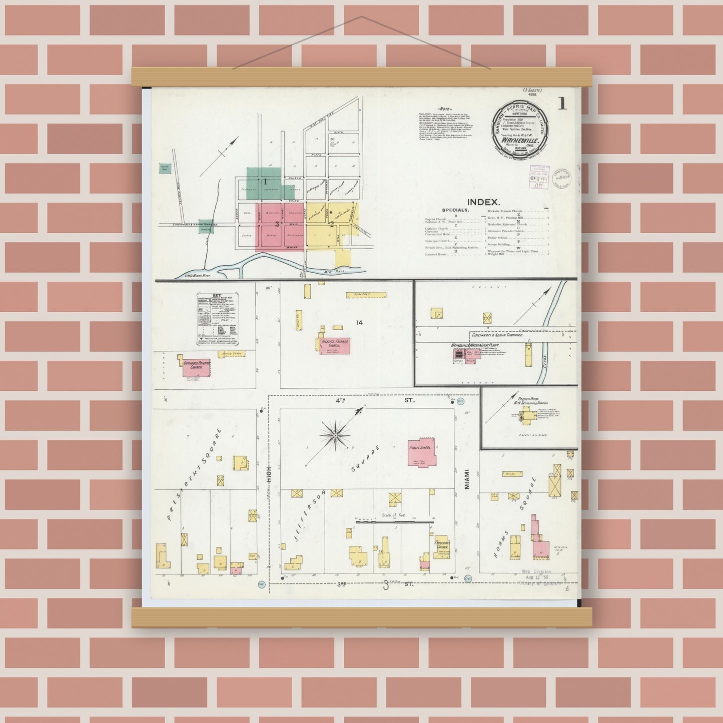 Old map wall art mockup — magnetic wood frame on brick wall — Sanborn Fire Insurance Map from Waynesville, Warren County, Ohio (1901), Sheet #0001